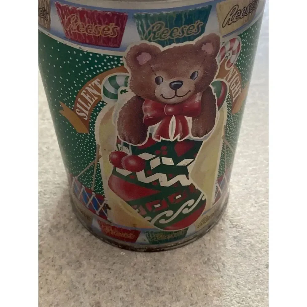Vintage Collectible Tin - 1990 Hershey Reeses - Green Christmas Bear in Stocking